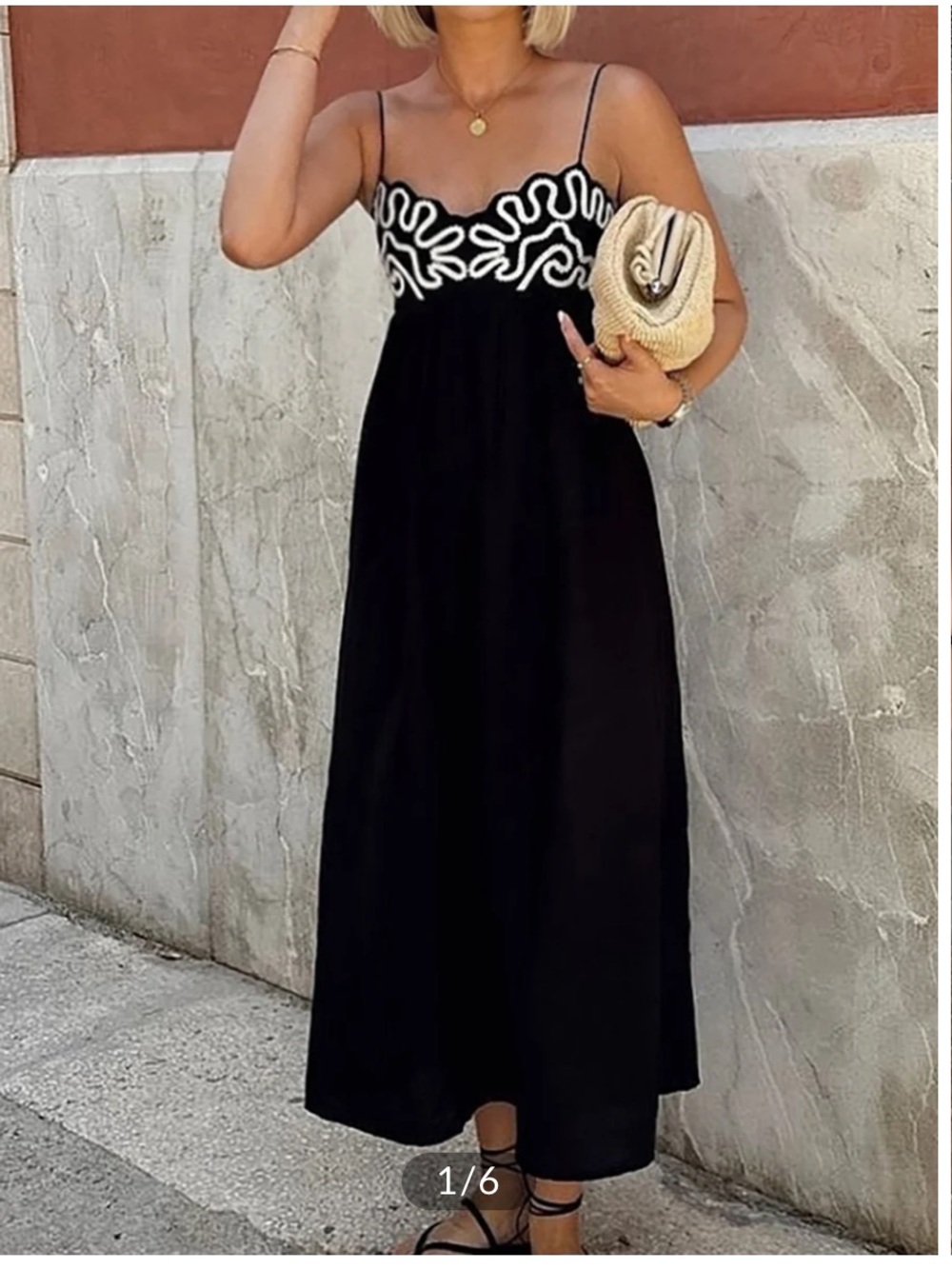 Commense Embroidered Black & White Maxi Dress With Spaghetti Straps Size Small